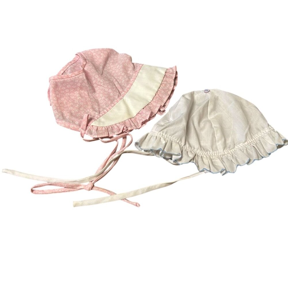 Vintage Handmade Pink Floral & White Blue Trim Baby Bonnet Cap Hat Lot of 2
